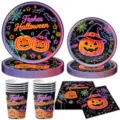 Halloween Neon Partygeschirr Set mit Kürbisprint Pappteller, Bechern und Servietten für Feiern. - 50 Stück / 4-Teiliges Set (10 Teller 7 Zoll + 10 Teller 9 Zoll + 10 Becher + 20 Servietten)