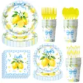 Blue bow lemon print disposable paper plates cups party tableware set for birthday - 7-Piece Set (Bowknot Lemon) / 70 Pieces/Pack