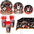 Rock Party Geschirr Set Pappteller Pappbecher Servietten Tischdecke fur Rocker Geburtstag - 8-teiliges Geschirr-Set / Inklusive Teller Becher Servietten Tischdecke Besteck