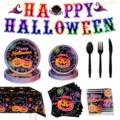 Halloween party supplies set including neon pumpkin plates cups tablecloth and banner. - 9-Piece Deluxe Set