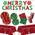 Weihnachtsparty Geschirr Set rot grün Teller Becher Servietten Tischtuch Deko Banner - 6-teiliges Hauptset / 7 Zoll Teller x10, 9 Zoll Teller x10, Becher x10, Servietten x20, Tischdecke x1, Banner x16