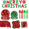 Weihnachtsfeier Einweg Pappteller Becher Servietten Tischdecke Besteck Set Dekor - 9-teiliges Set / 7 Zoll Teller x10, 9 Zoll Teller x10, Becher x10, Servietten x20, Tischdecke x1, Banner x12, Besteck Sets x10