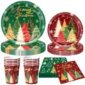 Weihnachtsfeier Einweg Pappteller Becher und Servietten Set, gruen rotes festliches Design - Weihnachtsbaum-Feiertagsstil / Hauptbild 4-teiliges Set (7 Zoll 10 Stück/Packung + 9 Zoll 10 Stück/Packung + Pappbecher 10 Stück/Packung + Serviette 20 Stück/Packung)