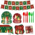 Weihnachtsfeier Geschirr Set mit Tannenbaum Motiv Pappteller Becher Servietten Tischdecke. - Weihnachtsbaum-Feiertagsstil / Hauptbild 9-teiliges Set (7 Zoll 10 Stück/Packung + 9 Zoll 10 Stück/Packung + Pappbecher 10 Stück/Packung + Serviette 20 Stück/Packung + Tischdecke 1 Stück + Banner 12 Stück/Packung + Besteckset 30 Stück)