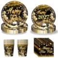 Schwarzes und goldenes Neujahr Party Pappteller Becher Servietten Set für 2027 Dekoration. - 4-teiliges Geschirr (Teller Tassen Servietten) / 4-teiliges Set