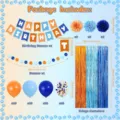 Bluey birthday party decoration set with banner balloons fringe curtain and cute paper pom poms - 5-Piece Set (Banner + Garland + Flower Balls + Fringe Curtain + Balloons)