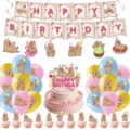 Cute capybara theme birthday party decoration set with banner balloons and cake toppers - Banner And Toppers And Balloons And Backdrop / Capybara Party Decoration 5 Piece Collection