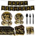 2027 Neujahr Party Deko Set schwarz gold Pappteller Becher Servietten Tischdecke - 9-teiliges Party-Set (Geschirr Banner Tischdecke) / 9er-Set