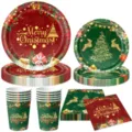 Weihnachtsfeier Papiertischgeschirr Set mit Teller Bechern und Servietten mit festlichem Tannenbaum. - Goldener Weihnachtsstil (4-teiliges Papier-Set) / Teller + Tassen + Servietten