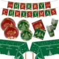Weihnachten Party Geschirr Set mit Banner Teller Bechern Servietten und Tischdecke. - Goldener Weihnachtsstil (6-teiliges Set) / 7 Zoll Teller + 9 Zoll Teller + Becher + Serviette + Banner + Tischdecke