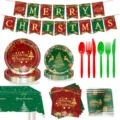 Weihnachts-Party-Geschirr-Set mit Papptellern Bechern Servietten Tischtuch Banner und Besteck. - Goldener Weihnachtsstil (9-teiliges Set)