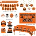 2026 abschluss party dekoration set mit banner luftballons hintergrund und tischdecke. - 6-teiliges Hauptset / Banner+Ballons+Waben+Spiral+Hintergrund+Tischdecke / Orange Abschluss