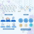 Details of baby boy party decoration set with banner, spirals, honeycomb ornaments and flowers. - Image 4-Piece Set