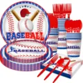 Baseball Motiv Party Geschirr Set mit Pappteller Becher Servietten und roten Bestecken. - 7-teiliges Set (7-Zoll-Teller 10 + 9-Zoll-Teller 10 + Serviette 20 + Pappbecher 10 + Besteck 30)