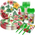 Hawaiian tropical flower party tableware set including paper plates cups and napkins. - 7-Piece Set / Tableware Napkin Cutlery Set