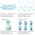Blue bow birthday party decoration banner hanging swirls and cake topper set 1pcs 24pcs - 4-Piece Decor Set (Banner/Swirls/Cake Toppers)