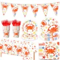 Summer crab party tableware set disposable paper plates cups napkins banner tablecloth - 7-Piece Set (Crab Theme)