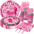 Rosa Western Cowgirl Party Geschirr Set Detail, Discokugel Pappteller Becher Servietten. - 7-teiliges Set (Teller + Serviette + Becher + Besteck)