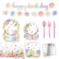 Frühling Blumen Schmetterling Geburtstag Party Zubehör Set mit Banner Teller Bechern Tischdecke - 9er-Set (Teller+Servietten+Becher+Banner+Tischdecke+Besteck)