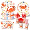 Summer crab theme disposable paper plates cups napkins cutlery set for party tableware. - 8-Piece Set (Crab Theme)