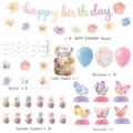 Wildblumen und Schmetterling Geburtstag Party Dekorationen Set Detailansicht und Artikel. - Set 2 (Banner+Großer Topper+Kleiner Topper+Wirbel+Luftballons+Wabe)