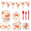 Summer crab party tableware set including paper plates cups napkins tablecloth and banner. - 9-Piece Set (Crab Theme)