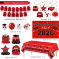 2026 abschluss party deko set mit banner luftballons hintergrund und waben mittelstücken - 6-teiliges Hauptset / Banner+Ballons+Waben+Spiral+Hintergrund+Tischdecke / Rot Abschluss