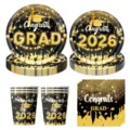 Schwarzes goldenes 2026 Abschluss Party Einweg Papierteller Becher Servietten Set - 4-teiliges Set (Teller + Becher + Servietten) / Schwarz und Gold Abschluss