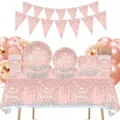 Roségold Diamant Geburtstag Party Geschirr Set mit Teller, Bechern, Servietten, Banner. - Pappteller / 10 Stück (7 Zoll) / Rosa Diamant