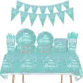 Geburtstagsparty Geschirr-Set mit Diamant-Tropfen-Design, Teller, Bechern und Tischdecke. - Pappteller / 10 Stück (7 Zoll) / Blauer Diamant