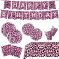 Pink leopard print birthday party tableware set featuring plates cups napkins banners. - Pink Leopard / 6-Piece Set (7-Inch Plate 10 + 9-Inch Plate 10 + Napkin 20 + Cup 10 + Tablecloth 1 + Banner 1)