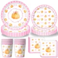 Rosa Schleife Kürbis Party Einweggeschirr Set mit Pappteller und Becher für Feste. - Kürbis mit Schleife / 4-Teiliges Geschirr (Teller/Tassen/Servietten)