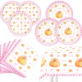 Rosa Schleife Kürbis Party Geschirr Set mit Pappteller Servietten und Tischdecke. - Kürbis mit Schleife / 4-Teiliges Geschirr (Teller/Servietten/Tischdecke)