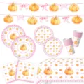 Süßes rosa Schleife Kürbis Party Einweggeschirr Set, Pappteller, Becher, Servietten und Tischdecke. - Kürbis mit Schleife / 6-Teiliges Geschirr (Mit Banner)