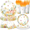 Herbst Erntedank Einweg Party Geschirr Set mit Kürbis Ahornblatt Teller Bechern Servietten. - Ahornblatt Kürbis / 7-Teiliges Set (7Zoll 10P + 9Zoll 10P + Servietten 20P + Becher 10P + Besteck 30)