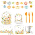Herbst Thanksgiving Party Set mit Papptellern, Bechern, Servietten und Girlande Deko. - Ahornblatt Kürbis / 9-teiliges Set (7 Zoll 10P+9 Zoll 10P+Serviette 20P+Becher 10P+Tischdecke 1P+Banner 14P+Besteck 30P)
