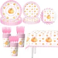 Conjunto de vajilla desechable de fiesta con calabaza rosa y lazo platos vasos y mantel. - Vajilla de 8 Piezas (Cubiertos Completos)