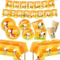 Snoopy themed birthday party supplies set including banner, paper plates, cups and napkins. - 6-Piece Set: (10 Pcs 7-Inch Plates + 10 Pcs 9-Inch Plates + 20 Pcs Napkins + 10 Pcs Cups + 1 Pc Tablecloth + 1 Pc Banner)