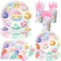 Niedliche bunte Knödel Thema Party Pappteller Becher Servietten Geburtstag Deko - 7-teiliges Set (Macaron-Brötchen Stil) / 10 Personen (Mit Besteck)