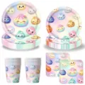 Süsses kawaii dumpling party teller becher servietten set für bunte geburtstagsdeko - 4-teiliges Set (Macaron-Brötchen Stil) / Für 10 Personen