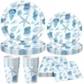 Blaue Ozean Muschel Seestern Party Geschirr Set, Pappteller, Becher und Servietten Geburtstag. - 4-teiliges Set (Teller/Becher/Servietten)