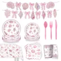 Rosa Ozean Muschel Partygeschirr Set Teller Becher Servietten Besteck Tischdecke Banner - Rosa Meeresmuschel / 9-Teiliges Set: Teller 10 + Teller 10 + Serviette 20 + Becher 10 + Tischdecke 1 + Banner 1 + Besteck 30