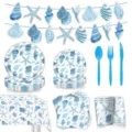 Sommer blau Ozean Muschel Seestern Party Zubehör Set Pappteller Becher Servietten Tischtuch - 9-teiliges Set (7-Zoll 10 + 9-Zoll 10 + Servietten 20 + Becher 10 + Tischdecke 1 + Banner 1 + Besteck 30)
