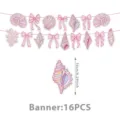 Rosa Schleife Ozean Muschel Thema Geburtstag Party Banner mit 16 Stueck dekorativen Ausschnitten. - Banner 16 Stück/Packung