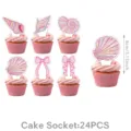 Rosa Muschel Schleife Cupcake Topper 24Stk Set für Mädchen Ozean Thema Geburtstag Deko. - Kleine Tortenaufsätze 24er Pack