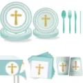 Blaues Taufe Party Geschirr Set mit Pappteller Bechern Servietten Tischdecke und Besteck. - 9-Teiliges Set - Blau Punktmuster Taufe