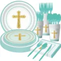 Blaues Taufe Party Geschirr Set mit goldenen Kreuz Pappteller Bechern Servietten und Besteck - 7-Teiliges Set - Blau Taube Taufe