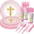 Pink cross party tableware set including paper plates cups napkins and cutlery for baptism events - Pink Dove Baptism / 7-Piece Set (10 Plates 7in + 10 Plates 9in + 20 Napkins + 10 Cups + 10 Knives + 10 Forks + 10 Spoons)