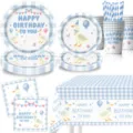 Blaue Ente Geburtstag Party Geschirr Detail mit süßen Tiermustern auf Papptellern. - Blau dusselige Gans / 6-Teiliges Set (7Zoll 10Stk + 9Zoll 10Stk + Becher 10Stk + Servietten 20Stk + Tischdecke 1Stk + Strohhalme 10Stk)