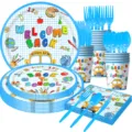Zurück zur Schule Partyzubehör Geschirr Set mit Tellern Bechern Servietten und Besteck. - 7-teiliges Set / 7in 10P+9in 10P+Serviette 20P+Becher 10P+Besteck 30P